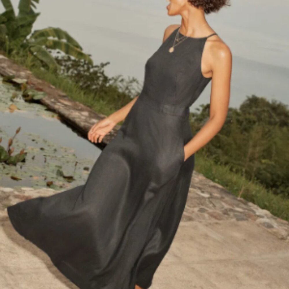 Boden Halterneck Linen Midi Dress, Black Size 14 - New, no tags